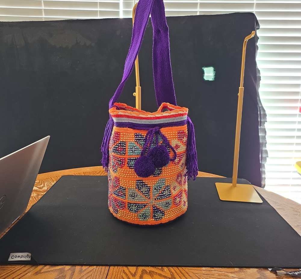 Wayuu Columbian Handcrafted Orange & Purple Bucket Bag Pom POMs And Rhinestones